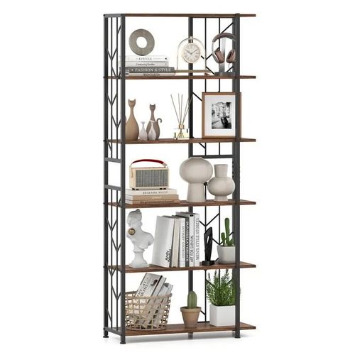 Costway Bibliothèque Géométrique À 6 Étagères, Cadre En Métal, 2 Kits Anti-Basculement, Pour Salon Chambre Bureau, Marron Rustique