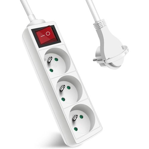 Multiprise 3 Prises avec Interrupteur Fiche Plate, Bloc 3 Prises, Rallonge 1.5m 230 V avec sécurité Enfant, Blanc