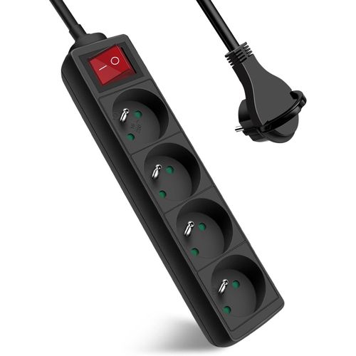 Multiprise 4 Prises avec Interrupteur Fiche plate, Bloc 4 prises, Rallonge 1.5m 230 V avec sécurité Enfant, Noir