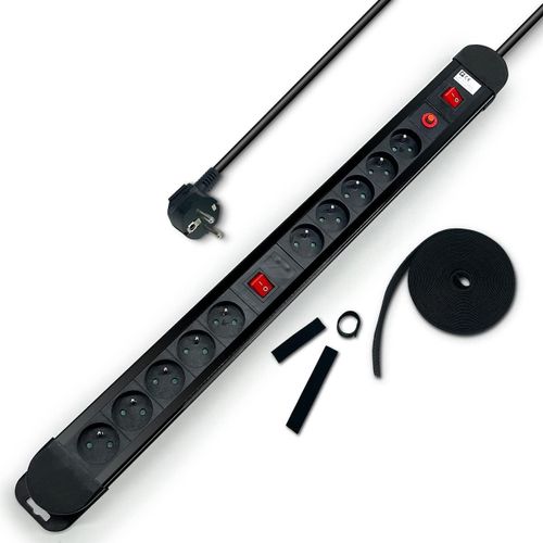 Pack Multiprise Parasurtenseur 10 Prises 2 interrupteurs Câble 1,50m Plus 1 Bande Serre-câble Auto-agrippante 1 Rouleau de 5 m à découper Inclus