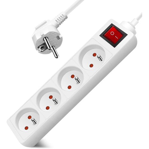 Multiprise 4 Prises 16A 2P + T avec Interrupteur, Bloc 3 Prises, Rallonge 3M 230 V avec sécurité Enfant, Blanc