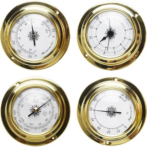 Lot de 4 baromètres hygromètres en laiton ¿ Baromètre horloge, thermomètre hygromètre kit d'instrument météo, horloge, bateau à voile, cadeau (comme indiqué)