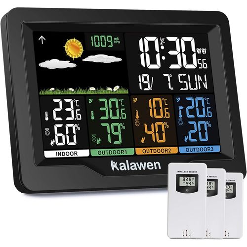 Station météo avec 3 capteurs extérieurs, réveil numérique sans fil DCF, baromètre, moniteur de température et d'humidité, prévisions météorologiques pour la maison et le jardin