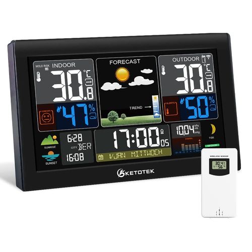 Station météo intérieure extérieure sans fil avec capteur LCD thermomètre numérique hygromètre, radio-réveil DCF, baromètre, prévisions météorologiques