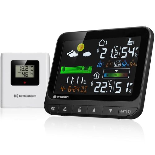station météo radio Neomeo H avec capteur extérieur, écran couleur, alarme de température, indicateur de confort climatique, alerte de gel, réveil, heure DCF