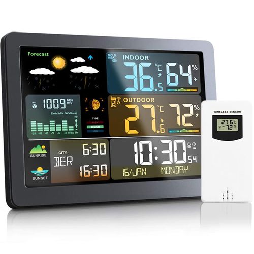 Station Météo sans Fil avec Capteur Extérieur - Station Meteo Radio-Réveil DCF, Thermomètre avec Heure, Date, Prévision météorologique, Humidité, Baromètre, Alarme, Affichage des Phases de Lune