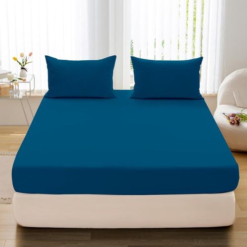 Drap-housse bleu 220 x 200 cm - En jersey - Hauteur de matelas jusqu'à 25 cm - Coton avec microfibre