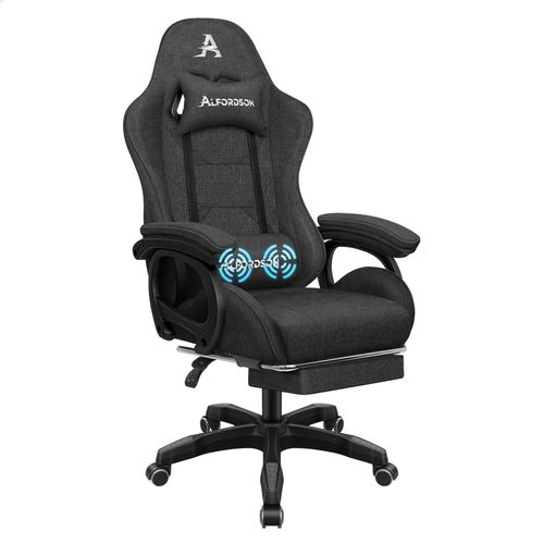 Alfordson Chaise Gaming, Siege Gaming Avec Support Lombaire De Massage, Fauteuil De Gaming Pivotant Ergonomique Avec Appui-Tête, Hauteur Réglable, Matériau En Tissu, Gris