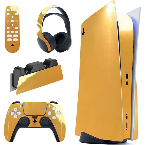 Autocollant Skin Pour Ps5 Manette,Sticker Pour Ps5 Console Disc Edition & Station De Charge & Casque & Télécommande-Or Chromé
