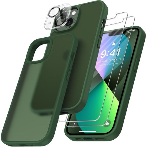 4 En 1 Coque Pour Iphone 13 Avec 2 Verre Trempé Et 1 Caméra Protecteur[Protection Militaire] Antichoc Antirayures Etui Translucide Mat Protection Housse Pour Iphone 13, Vert Fonc[Coque515]