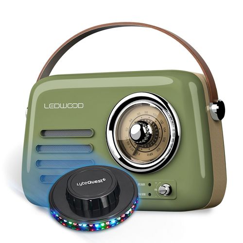 Radio Rétro portable Ledwood ALMA, FM, Bluetooth Entrée USB, Puissance 30W, Batterie 1500mAh, Retro Vintage Vert Olive, OVNI LED