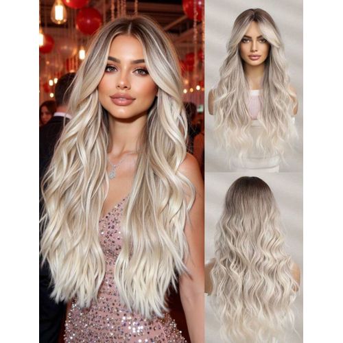 Perruque Synthétique Longue Blond Foncé Cheveux Bouclés 65cm +4 Bonnets 