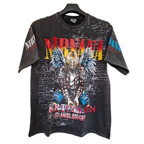 T-Shirt Gris Délavé Stonewashed Style Vintage Imprimé Bootleg Nirvana Kurt Cobain