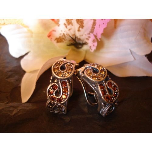 Boucles D'oreilles En Argent Vieilli Et Oxyde Zirconium Demi-Lune