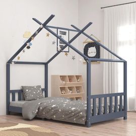 Cadre De Lit D'enfant Gris Bois De Pin Massif 90 X 200 Cm