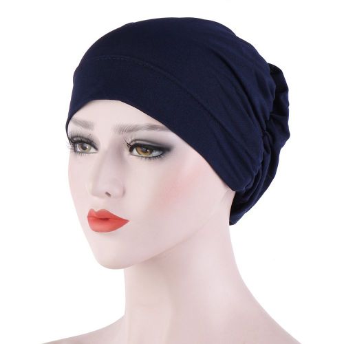 Femmes Petite Couleur Unie Doux Noué Nuit Sommeil Bonnet Bonnet Chimio Chapeau Couverture-Bleu Marine