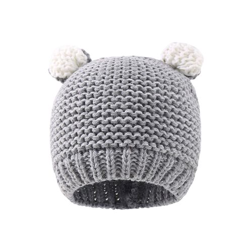 Bonnet Tricoté De Couleur Unie Pour Enfants, Chapeau Avec Oreilles D'ours De Dessin Animé, Coupe-Vent, Chaud Et Élastique, Surdimensionné, Automne Et Hiver-Gris