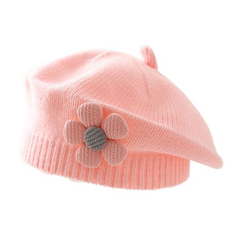 Filles Hiver Chapeau Fleur Décor Tricoté Élastique Anti-Dérapant Enfants Peintre Casquette Photo Accessoire Quotidien En Plein Air Voyage École Shopping Chapeaux-Rose