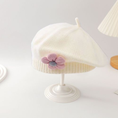 Filles Hiver Chapeau Fleur Décor Tricoté Élastique Anti-Dérapant Enfants Peintre Casquette Photo Accessoire Quotidien En Plein Air Voyage École Shopping Chapeaux-Blanc