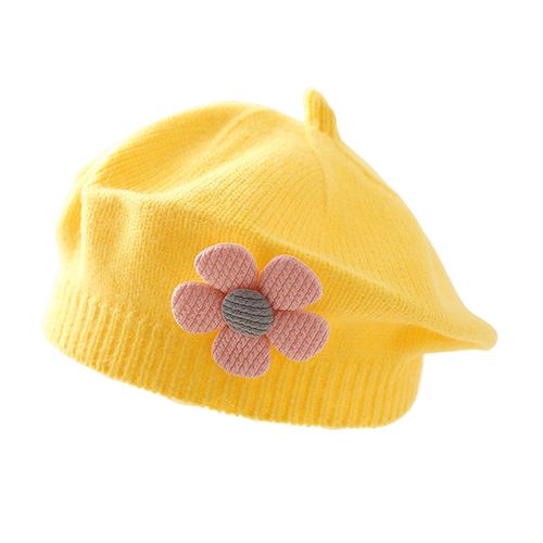 Filles Hiver Chapeau Fleur Décor Tricoté Élastique Anti-Dérapant Enfants Peintre Casquette Photo Accessoire Quotidien En Plein Air Voyage École Shopping Chapeaux-Jaune