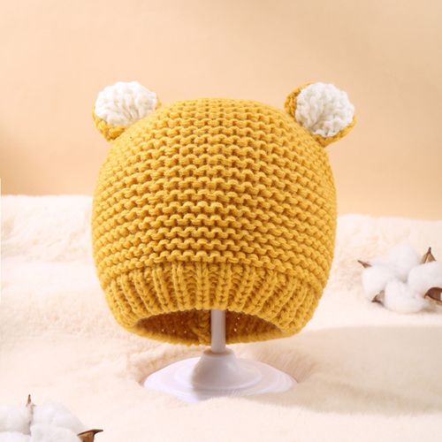 Bonnet Tricoté De Couleur Unie Pour Enfants, Chapeau Avec Oreilles D'ours De Dessin Animé, Coupe-Vent, Chaud Et Élastique, Surdimensionné, Automne Et Hiver-Jaune