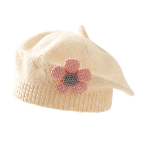 Filles Hiver Chapeau Fleur Décor Tricoté Élastique Anti-Dérapant Enfants Peintre Casquette Photo Accessoire Quotidien En Plein Air Voyage École Shopping Chapeaux-Beige