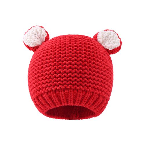 Bonnet Tricoté De Couleur Unie Pour Enfants, Chapeau Avec Oreilles D'ours De Dessin Animé, Coupe-Vent, Chaud Et Élastique, Surdimensionné, Automne Et Hiver-Rouge