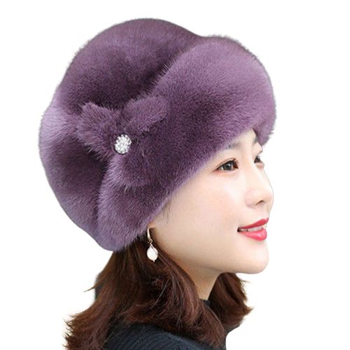 Chapeau d'hiver russe en fausse fourrure de lapin, décor floral, épais, luxe, garde au chaud, couleur unie, automne hiver, casquette thermique pour femmes d'âge moyen, pour l'extérieur-Violet