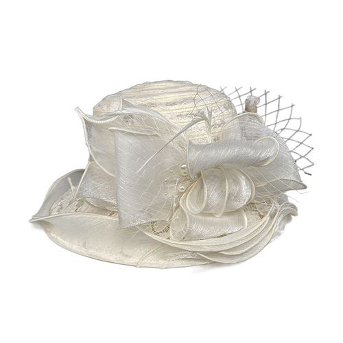 Chapeau De Pêcheur Pour Femme En Organza Avec N?Ud En Dentelle Et Fausses Perles Et Plumes - Style Royal Vintage - Protection Solaire Anti-Uv - Pour Bal De Fin D'année, Occasion Formelle-Beige