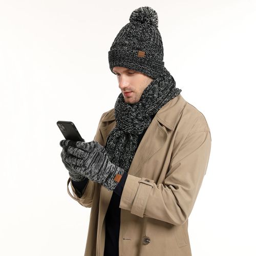 3 Pièces Hiver Chaud Tricot Bonnet Chapeau Écran Tactile Gants Écharpe Ensemble Pour Femmes Hommes Ski Patinage Camping Conduite Sports De Plein Air Cadeaux-Gris