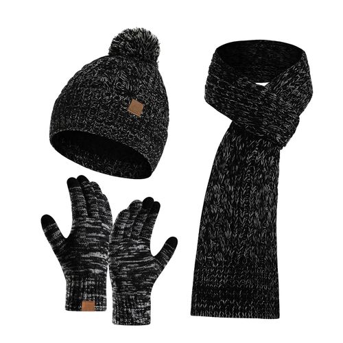 3 Pièces Hiver Chaud Tricot Bonnet Chapeau Écran Tactile Gants Écharpe Ensemble Pour Femmes Hommes Ski Patinage Camping Conduite Sports De Plein Air Cadeaux-Gris Foncé