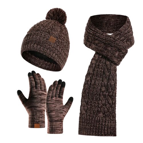 3 Pièces Hiver Chaud Tricot Bonnet Chapeau Écran Tactile Gants Écharpe Ensemble Pour Femmes Hommes Ski Patinage Camping Conduite Sports De Plein Air Cadeaux-Café
