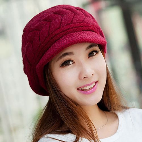 Chapeau Tricoté Décontracté Baggy Béret Avec Bord Plat Femmes Chapeau Chaud Pour Un Usage Quotidien Par Temps Froid-Vin Rouge
