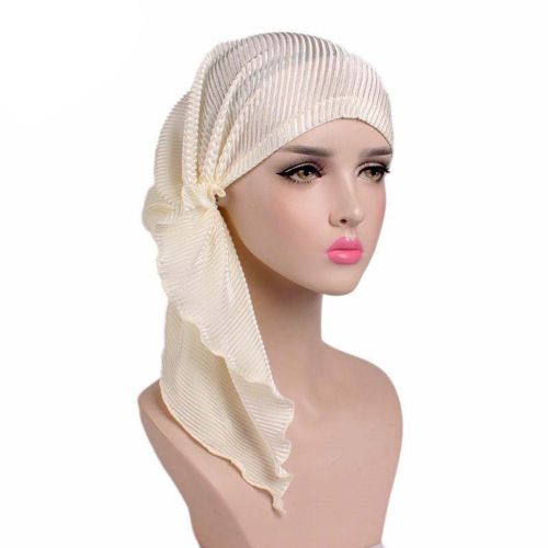 Mode Femmes Rides Long Turban Casquette Tête Enveloppement Chimio Chapeau Bonnet Musulman Hijab-Beige
