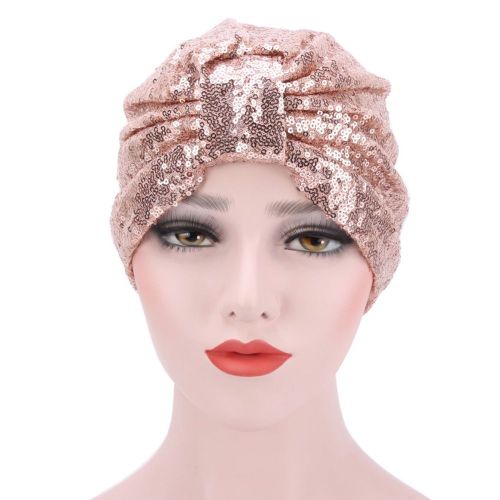 Femmes Musulmanes Indiennes Paillettes Brillantes Plissé Turban Chapeau Chimio Casquette Bandana Bandeau-Champagne
