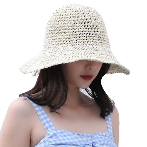 Mode Femmes Paille Tissage Dentelle Cravate Large Visière Protection Solaire Chapeau Plage Sunhat-Beige