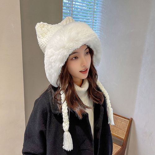 Chapeau Tricoté En Patchwork De Couleur Avec Pompon En Queue De Cochon, Oreilles De Chat Chaudes, Bord Pelucheux Blanc, Bonnet Pour Filles, Pour L'automne Et L'hiver-Blanc
