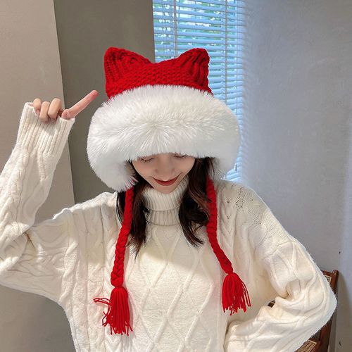 Chapeau Tricoté En Patchwork De Couleur Avec Pompon En Queue De Cochon, Oreilles De Chat Chaudes, Bord Pelucheux Blanc, Bonnet Pour Filles, Pour L'automne Et L'hiver-Rouge