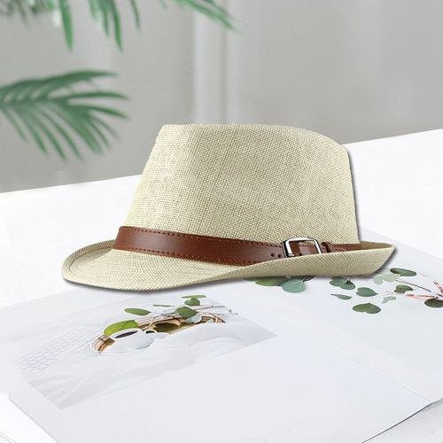 Chapeau De Soleil Pour Hommes, Couleur Unie, Respirant, Ceinture De Protection Solaire, Décor, Pare-Soleil Plat, Vintage, Bord Bouclé, Chapeau De Paille Pour Hommes-Beige