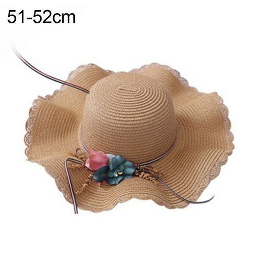 Mode Filles Fleur Paille Tissage À Large Bord Été Casquette De Plage Soleil Disquette Chapeau-Kaki Enfants