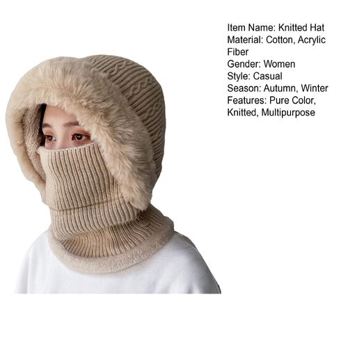 Bonnet Tricoté Polyvalent En Peluche Pelucheuse Pour Protection Des Oreilles, Couleur Pure, Automne Et Hiver Pour Femme, Couvre-Visage, Cache-Cou, Bonnet Chaud Pour L'extérieur-Beige