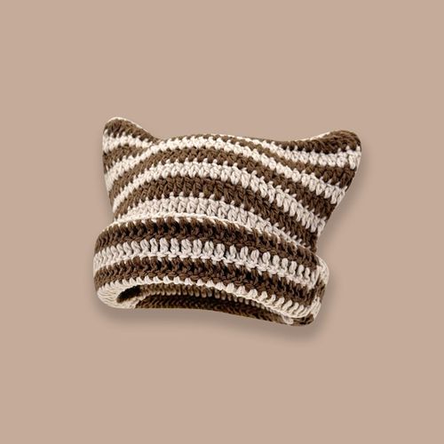 Bonnet Tricoté Pour Femme Avec Oreilles De Chat Rayé Couleur Contrastée Haute Élasticité Antidérapant Doux Épais Chaud Coupe-Vent Unisexe Sans Bord Bonnet D'hiver-Beige