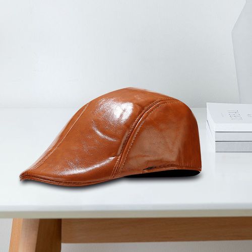 Chapeau Pour Hommes Style Vintage Couleur Unie Lisse Faux Cuir Chapeau Avancé Hommes D'âge Moyen Béret Temps Froid Randonnée Casquette De Voyage Casquette De Gavroche Anglaise-Caramel
