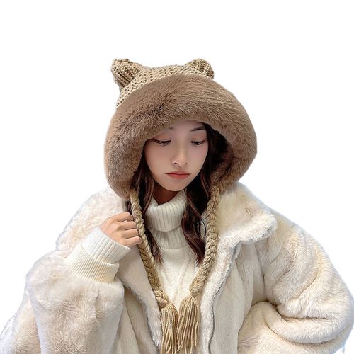 Chapeau Tricoté En Patchwork De Couleur Avec Pompon En Queue De Cochon, Oreilles De Chat Chaudes, Bord Pelucheux Blanc, Bonnet Pour Filles, Pour L'automne Et L'hiver-Kaki
