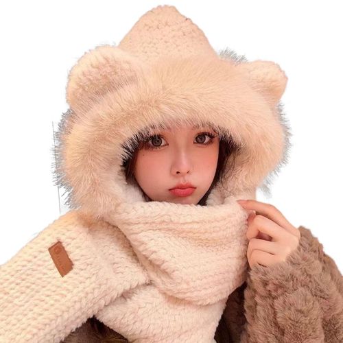 Chapeau D'hiver Pour Femme Avec Écharpe Et Gants Intégrés, Fausse Fourrure Épaisse Et Chaude, Coupe-Vent, Décoration D'oreilles D'ours, Protection Complète, Cyclisme En Plein Air, Randonnée, Voyage, Casquette Par Temps Froid-Beige