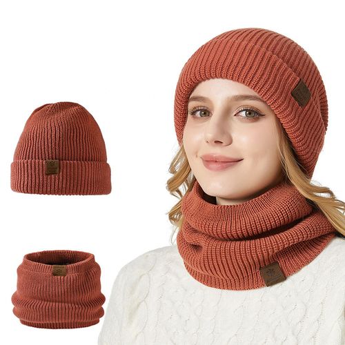 2 Pièces/Ensemble Femmes Hiver Chapeau Et Écharpe Ensemble Épais Double Couche Résistant Au Froid Chapeau Unisexe Couvre-Cou En Plein Air Ski Patinage Cyclisme Écharpe Casquette Ensemble-Orange Foncé
