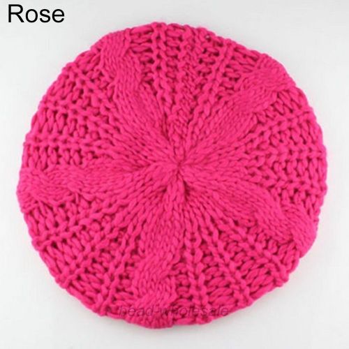 Béret Pour Femmes, Couleur Unie, Baggy, Tricot, Bonnet Au Crochet, Casquette De Ski Chaude D'hiver-Rose