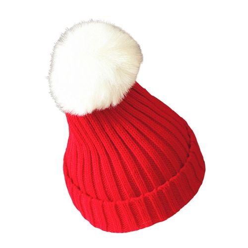 Chapeau D'hiver Pour Enfants, Chapeau Tricoté Unisexe, Extensible, Épais, Couleur Unie, Fausse Fourrure, Décor De Boule, Chaud, Usage Quotidien, Couvre-Chef D'extérieur Pour 4-8 Ans-Rouge