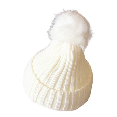 Chapeau D'hiver Pour Enfants, Chapeau Tricoté Unisexe, Extensible, Épais, Couleur Unie, Fausse Fourrure, Décor De Boule, Chaud, Usage Quotidien, Couvre-Chef D'extérieur Pour 4-8 Ans-Blanc