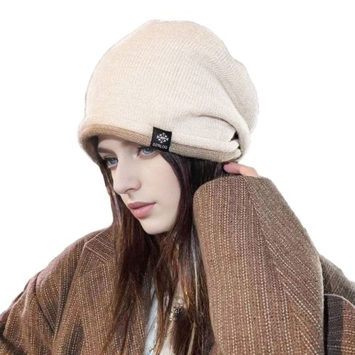 Chapeau D'hiver Tricoté Élastique Pour Femme, Épais, Chaud, Doux, Résistant Au Froid, Sans Bord, Baggy, Couleur Unie, Casquette Pour Dame-Beige